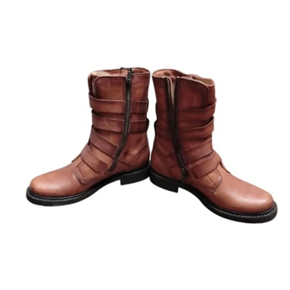 Frye Veronica Tanker Boots Women's 7M Cognac Moto‎ Combat Leather Strappy Belted - Picture 6 of 12